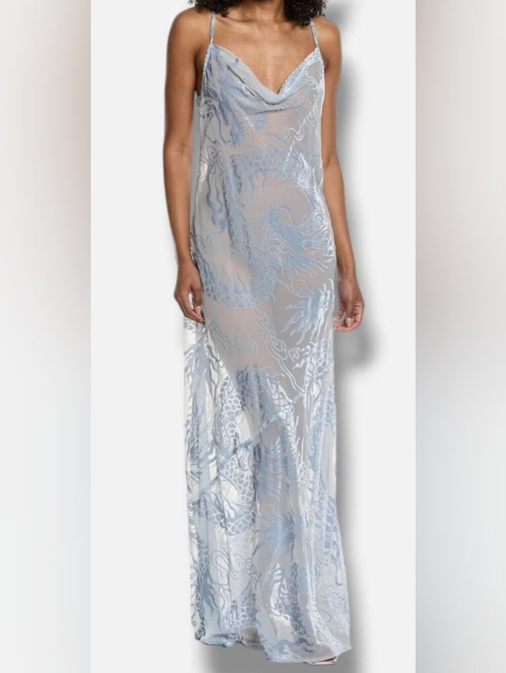 L'Agence Christine Burnout Velvet Dragon Maxi Gown Blue Fog Size 6 NWT